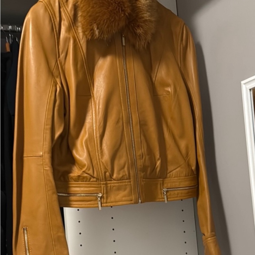 Women's Tan Leather Jacket with Fur Collar